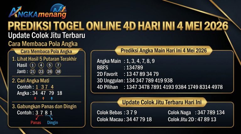 Prediksi Togel Online 4D Hari Ini 4 Mei 2026 angkamenang 2